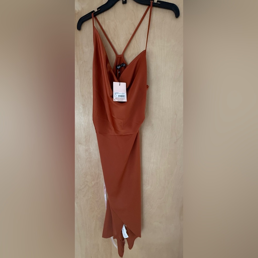 Missguided Asymmetrical Drape Rust Satin Midi Dress Size 4 - Picture 8 of 16